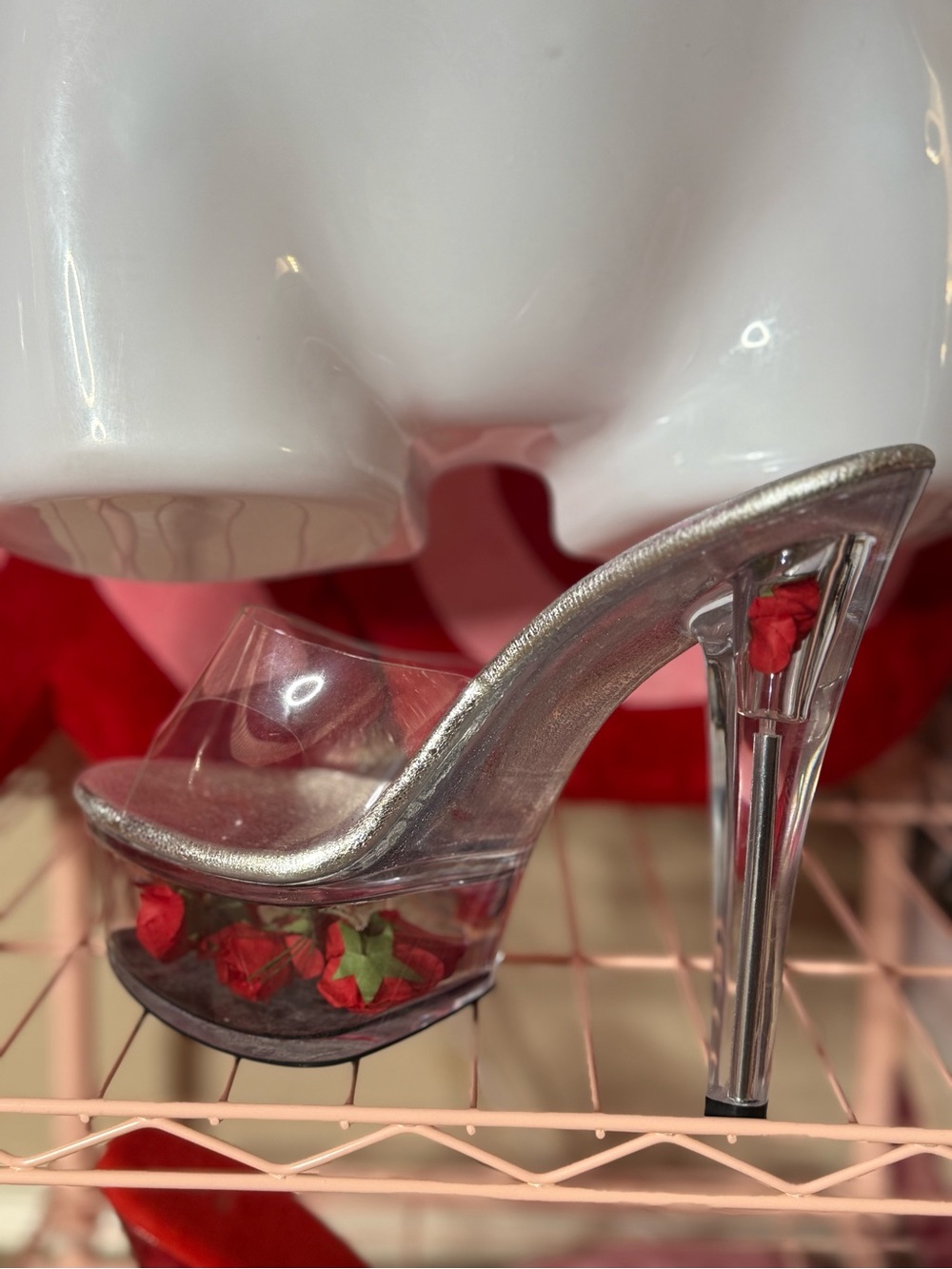 Clear Platform High Heel Mule in Silver with Red Accent